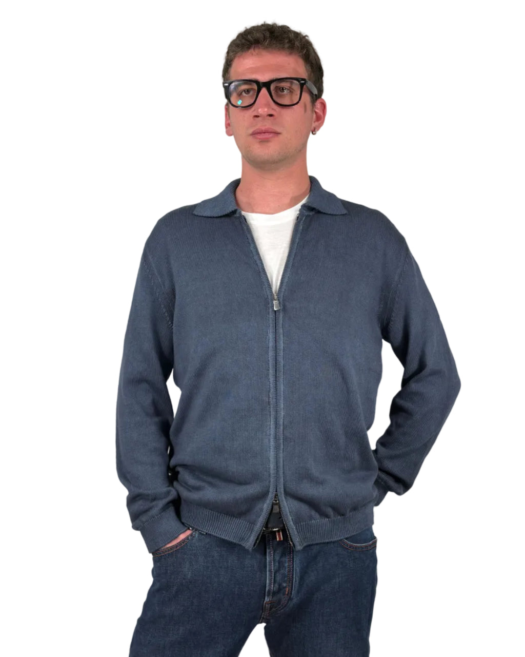 MASQ - MAGLIA FULLZIP CON COLLO CAMICIA IN COTONE LAVATO
