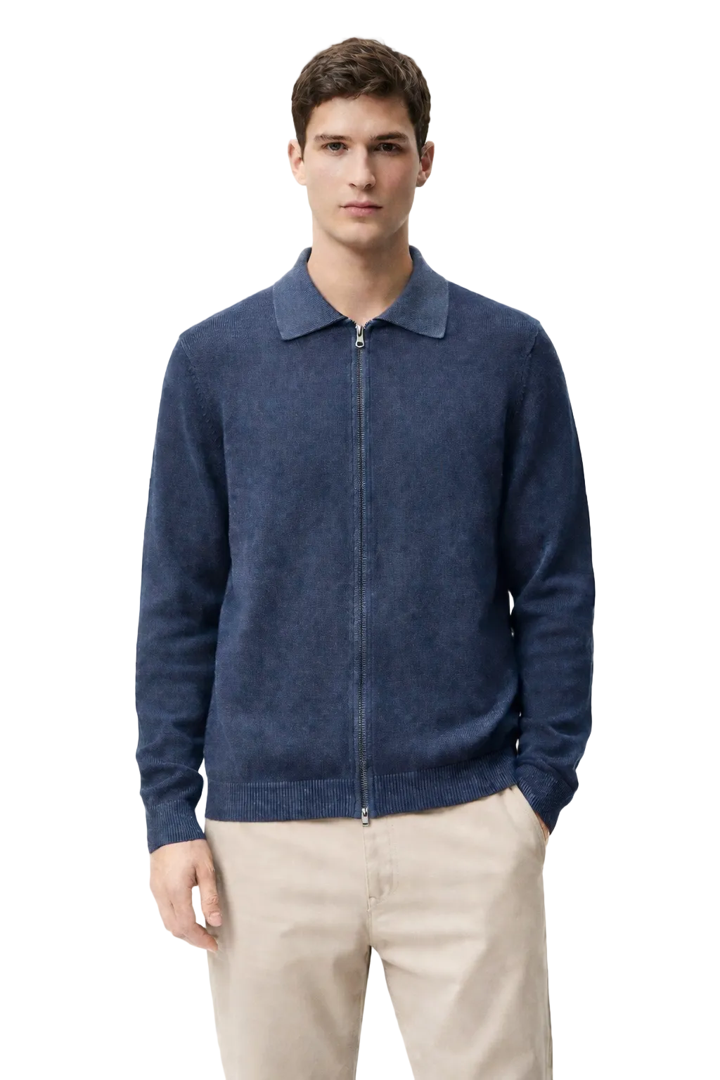 MASQ - MAGLIA FULLZIP CON COLLO CAMICIA IN COTONE LAVATO